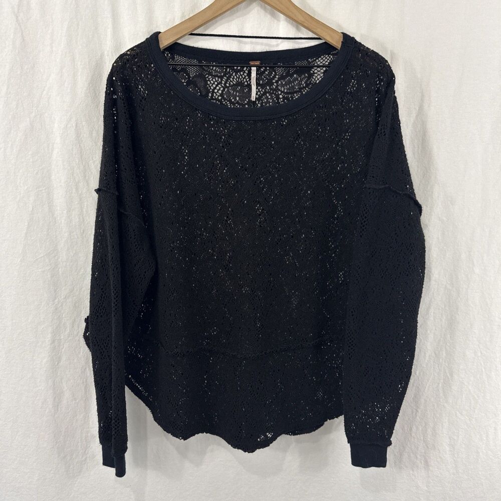 Free People Black Not Cold In This Lace Knit Top Women’s Sz XS Boho Slouchy